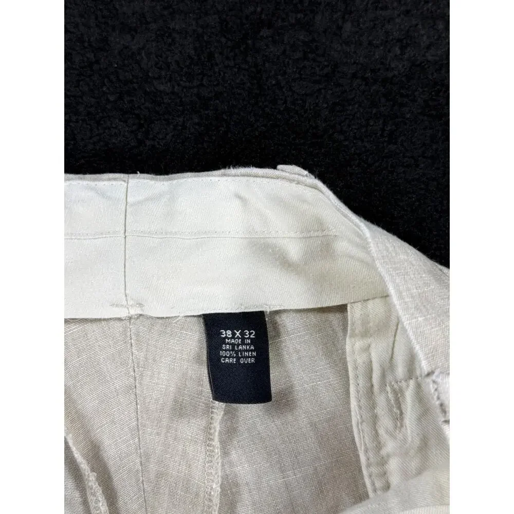 Jos A Bank Pants Mens 38x32 Linen Cream Casual Beach Trousers Cuffed Pleated